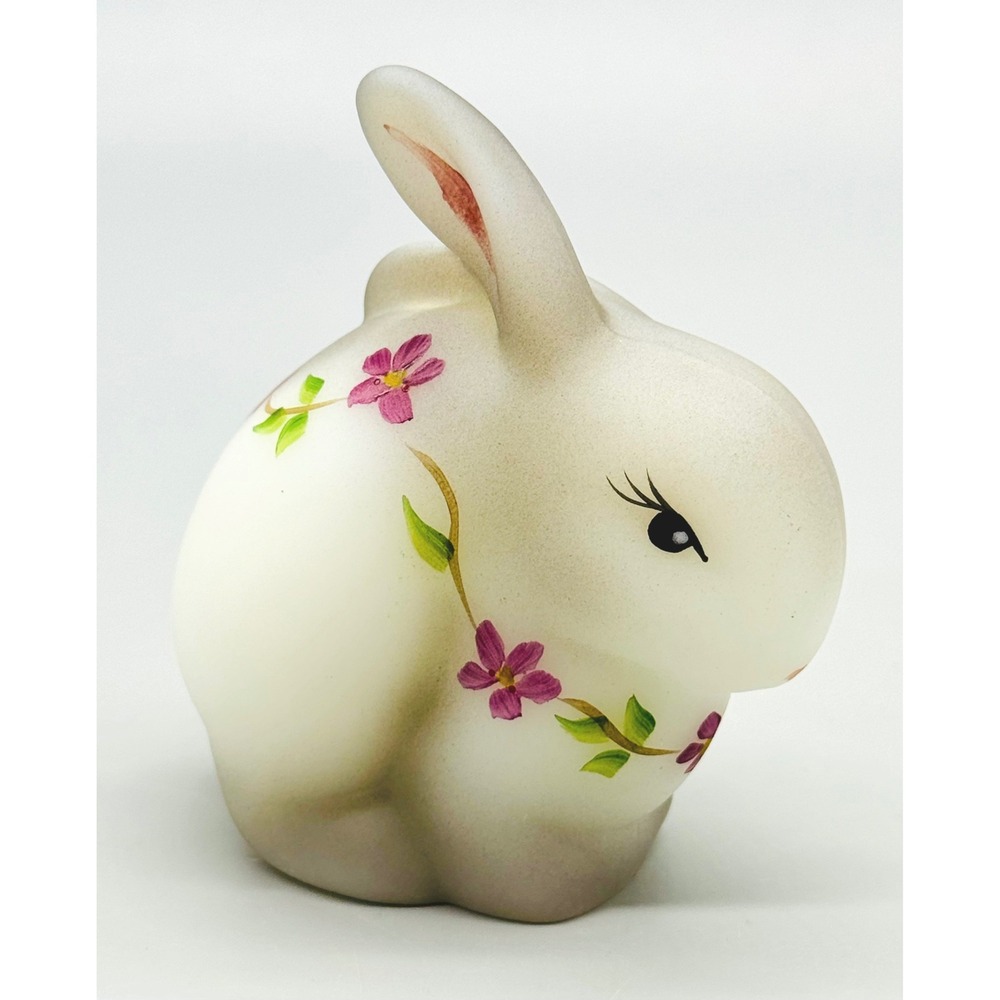 Fenton Glass Bunny Figurine White Hand Painted Floral J Peyton Artist Signed